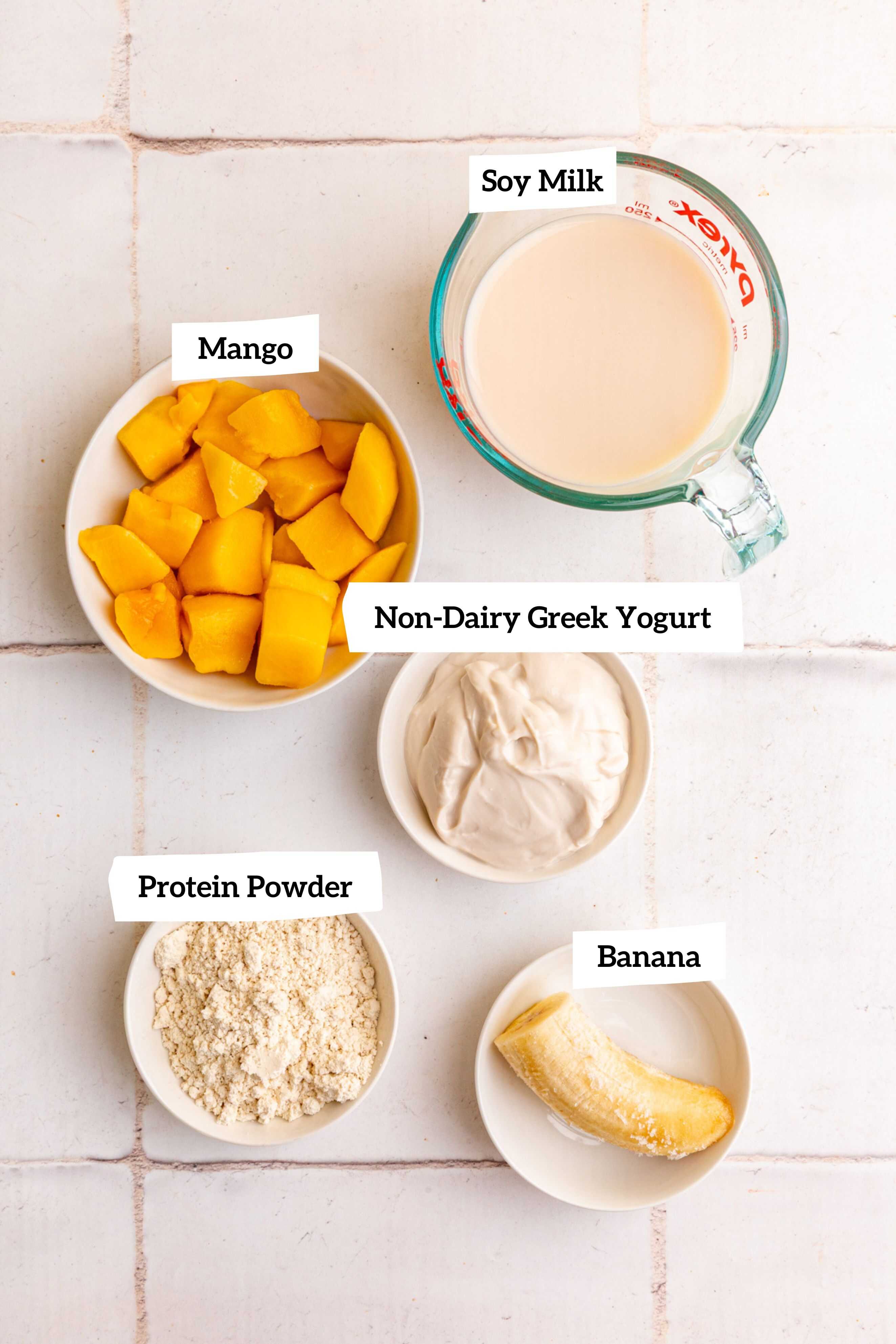 Vegan mango smoothie ingredients.