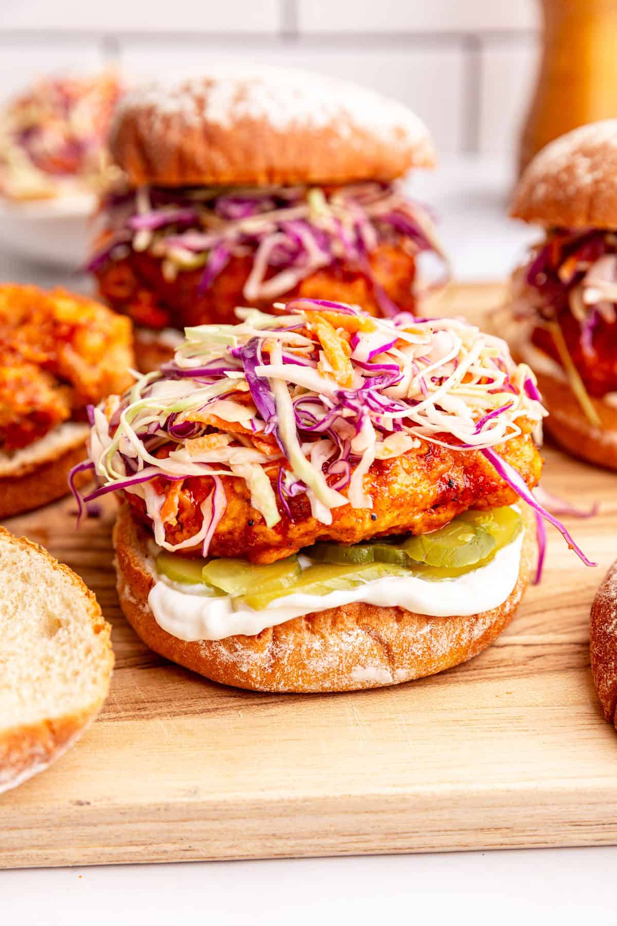 Oil free vegan coleslaw on a vegan Nashville hot chicken sandwich.