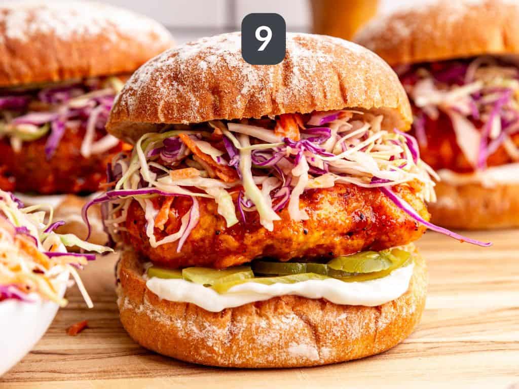 Vegan Nashville Hot Chicken Step 9 - serve on a bun with slaw and pickles.
