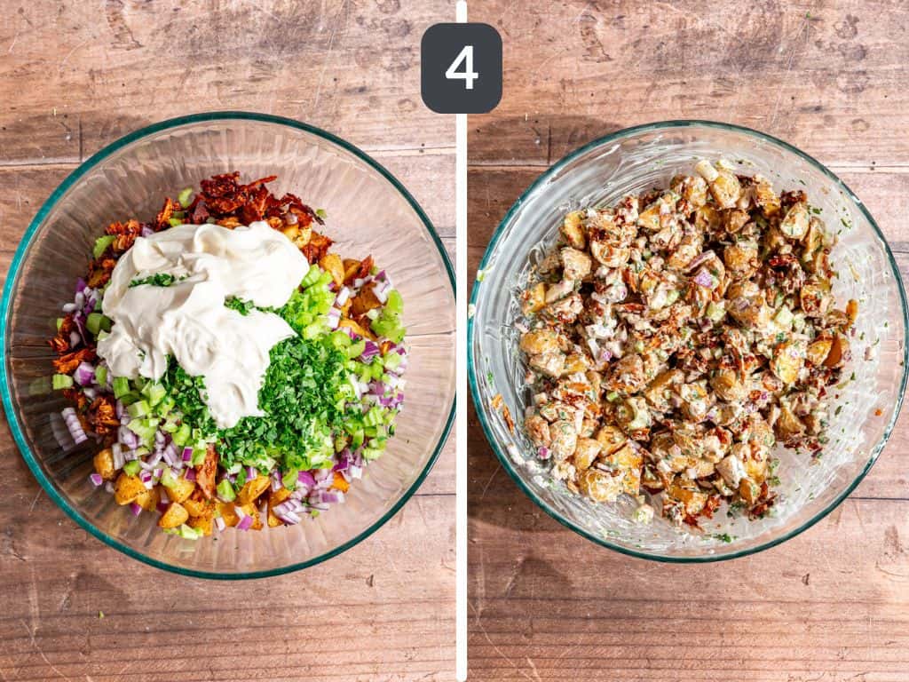 Vegan roasted potato salad step 4 - toss all the salad ingredients.