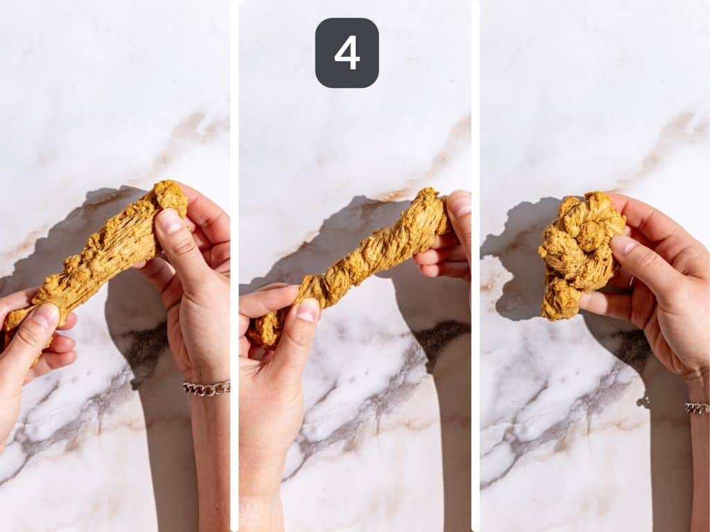 Vegan shredded chicken step 4 - twist into knots.