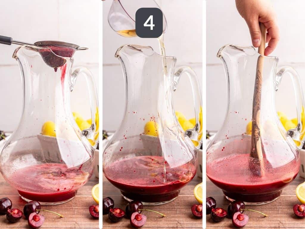 Cherry Lemonade step 4 - strain the cherries and lemon juice and add the syrup to the pitcher