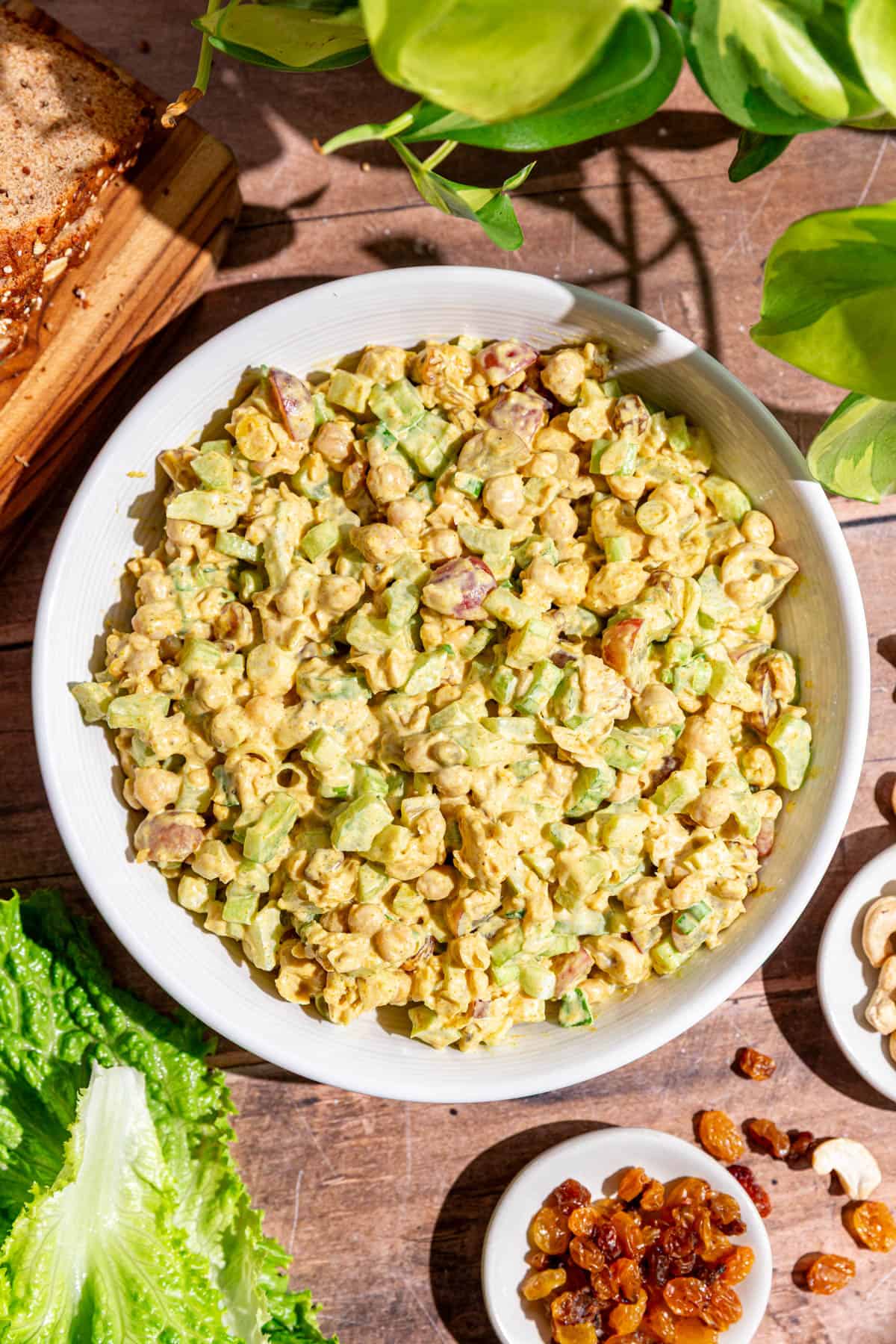 A bowl of freshly made vegan curry chicken salad.