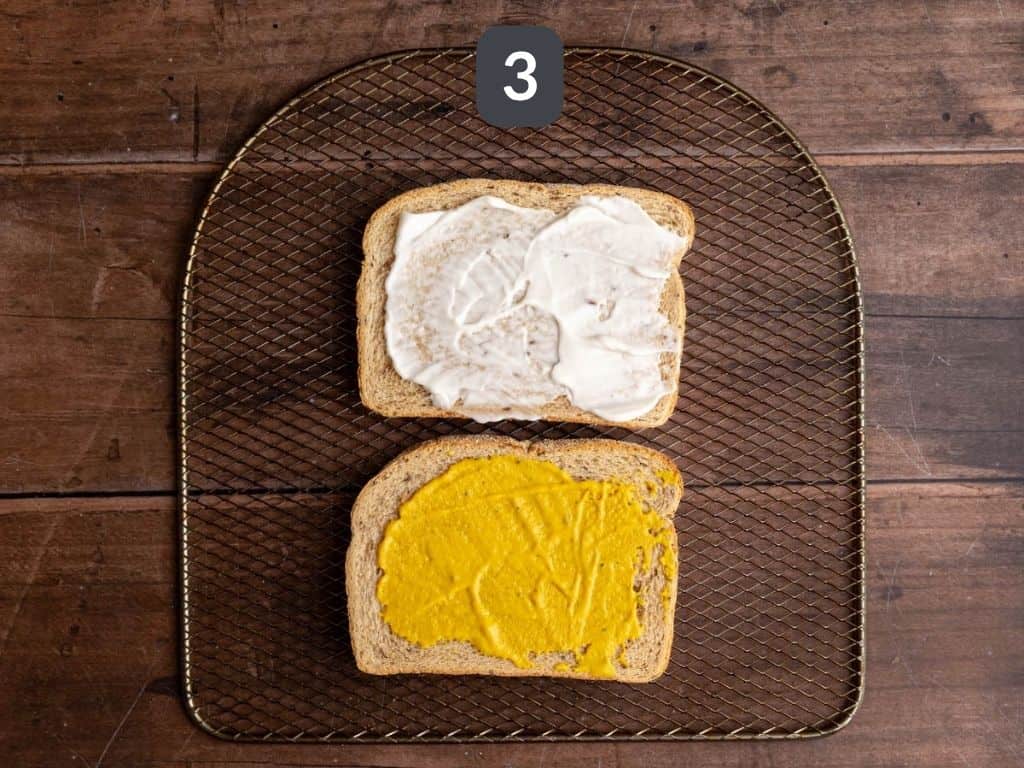 Vegan Pastrami Sandwich Step 3 - add mayo and mustard.