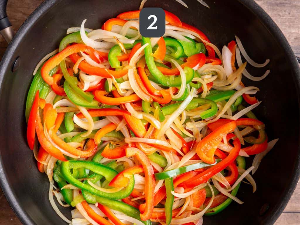 Vegan Philly Cheesesteak Step 2 - sauté the peppers and onion.