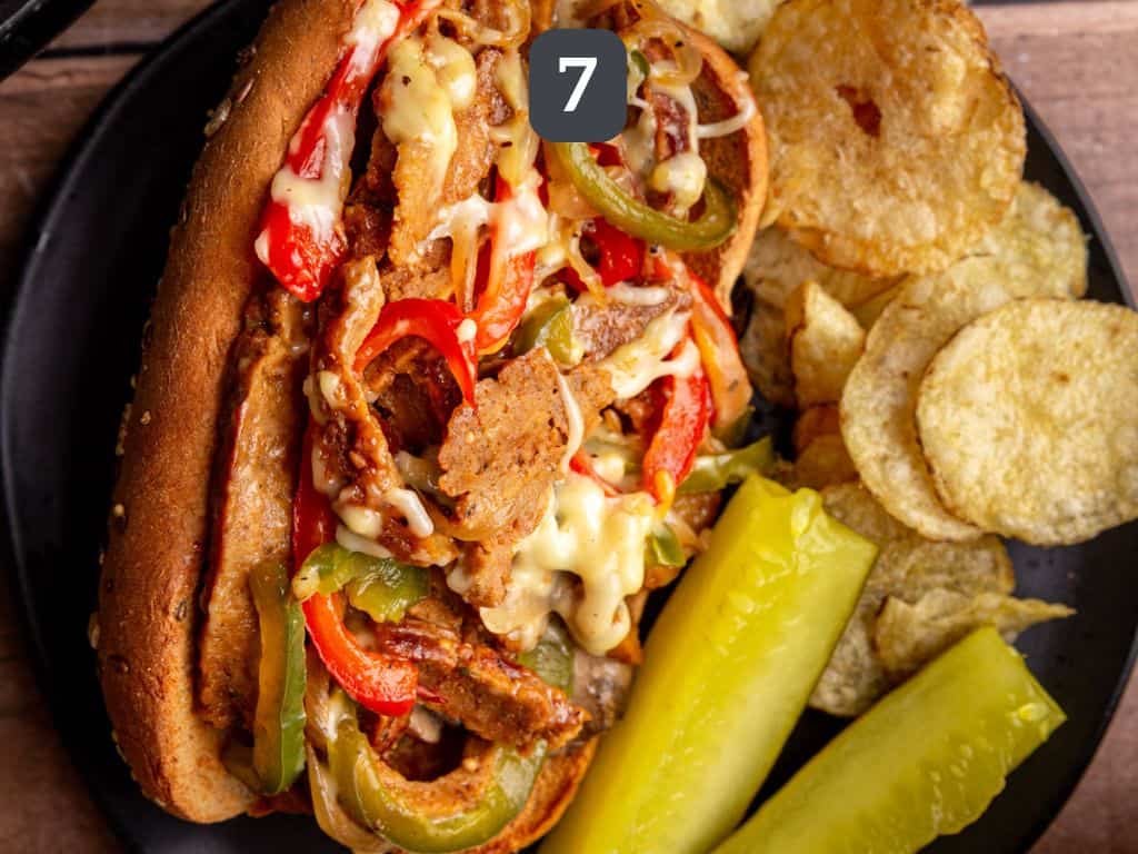 Vegan Philly Cheesesteak Step 7 - stuff the hoagie rolls.