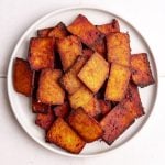 A plate of vegan tofu bacon