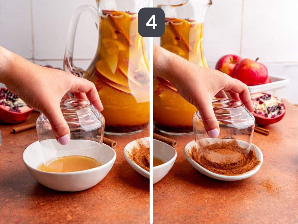 Apple cider sangria mocktail step 4 - rim each glass with cinnamon