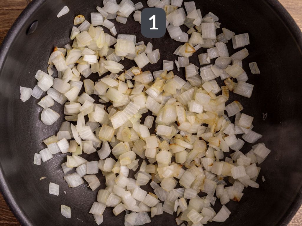 Brussels sprouts curry step 1 - sauté the onion.