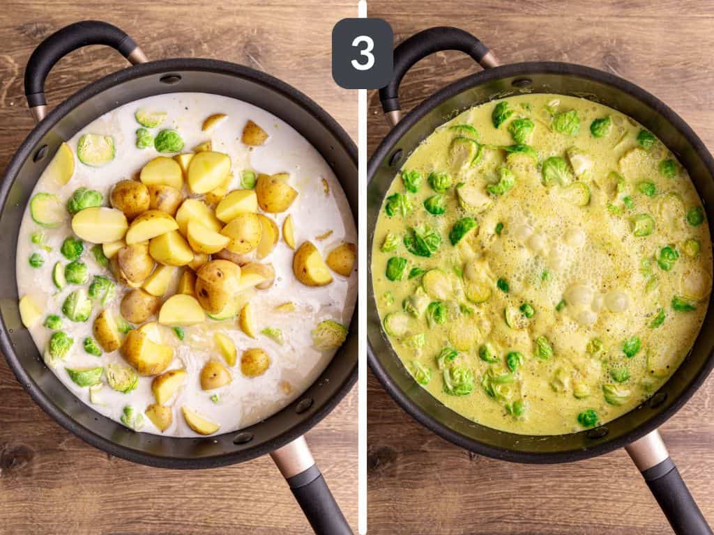 Brussels sprouts curry step 3 - add the brussels sprouts, potatoes, broth and coconut milk and boil.