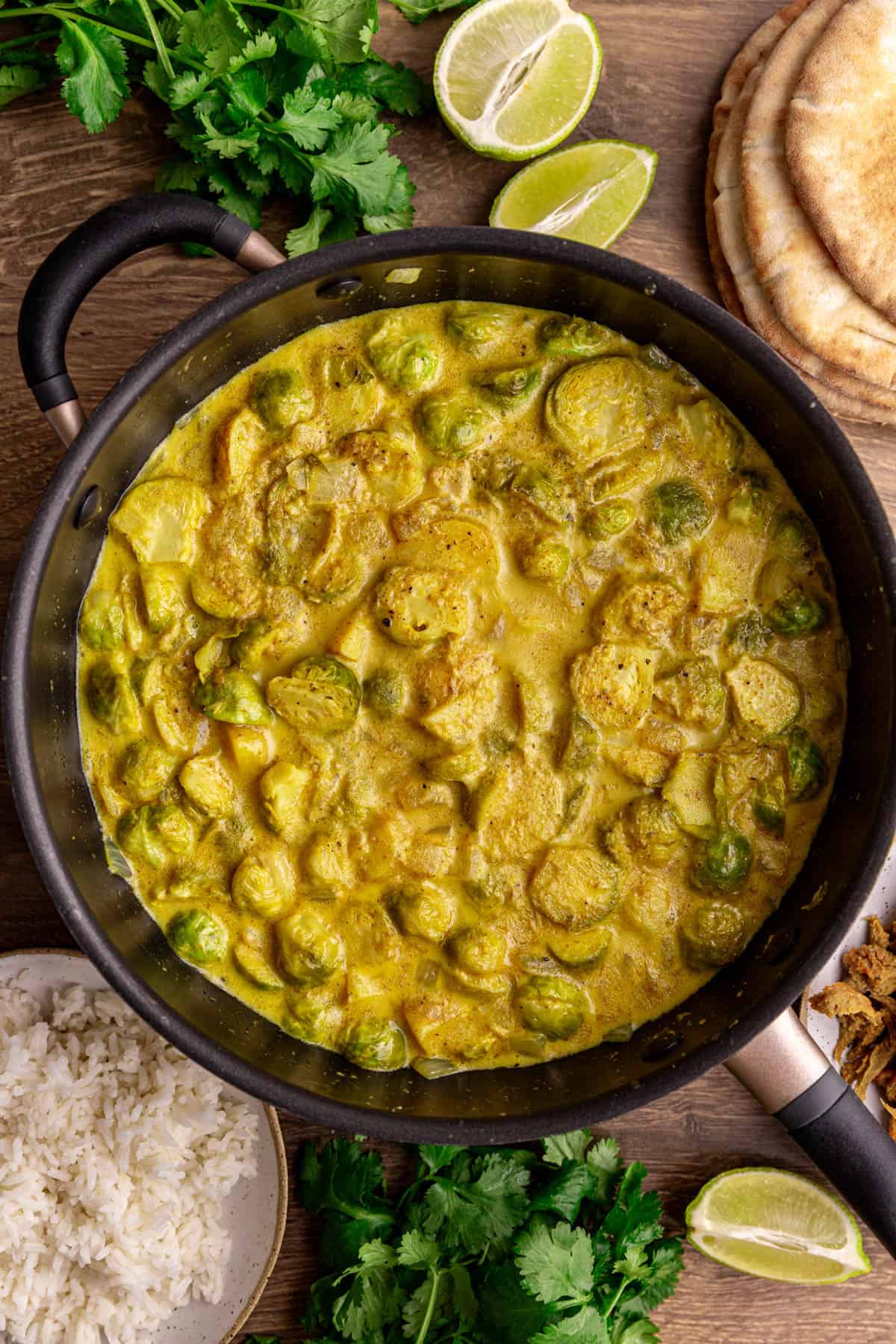A pan of freshly cooked brussels sprouts curry.