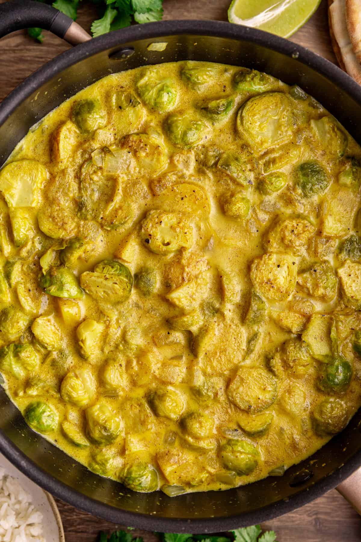 A pan of freshly cooked brussels sprouts curry.