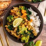 A bowl of seitan curry served over rice.