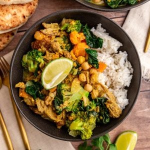 A bowl of seitan curry served over rice.