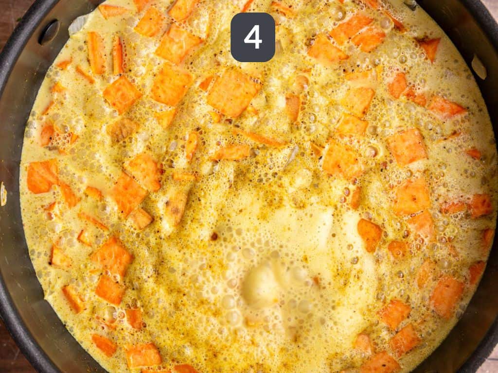 Easy Vegan Seitan Curry Step 4 - add the sweet potato, milk, broth, and spices.