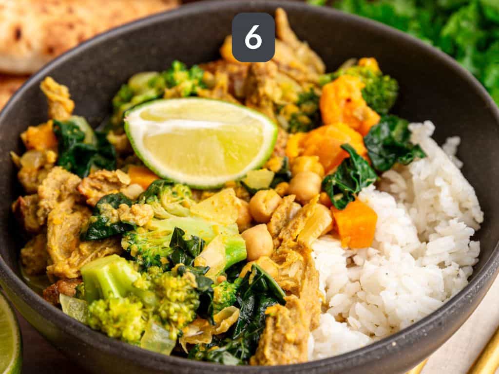 Easy Vegan Seitan Curry Step 6 - serve with rice and pita.