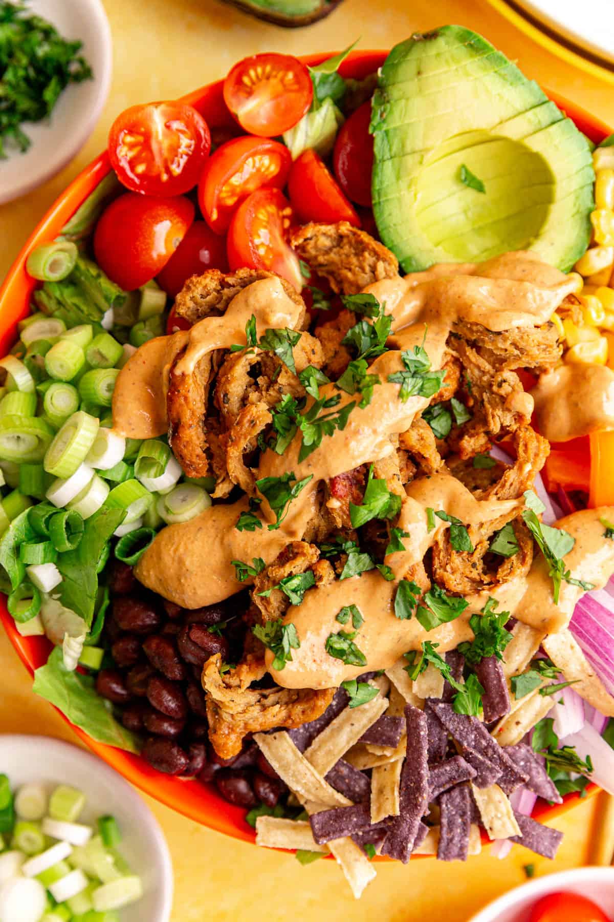 A bowl of Vegan Southwest Salad, covered in chipotle ranch.