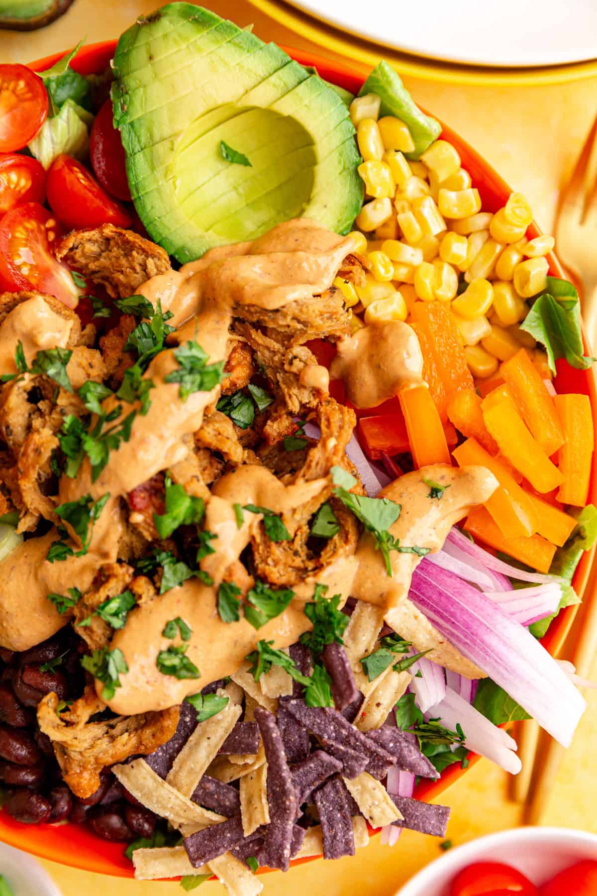 A bowl of Vegan Southwest Salad, covered in chipotle ranch.