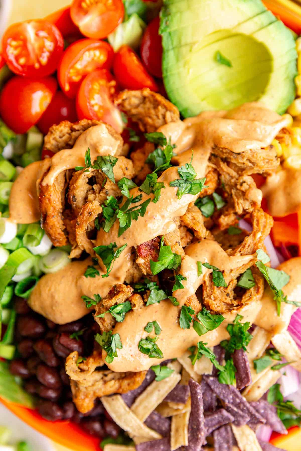 A bowl of Vegan Southwest Salad, covered in chipotle ranch.