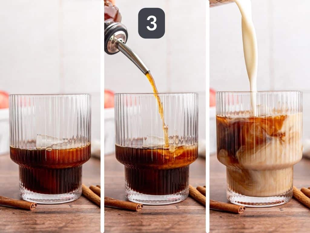 Apple Crisp Latte Step 3 - pour the espresso over the ice, add the syrup, and top with milk.