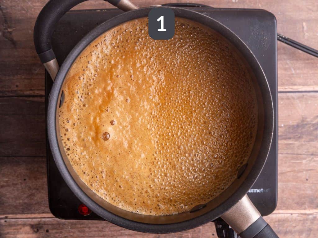 Brown sugar apple crisp syrup step 1 - boil the sugar and cider.