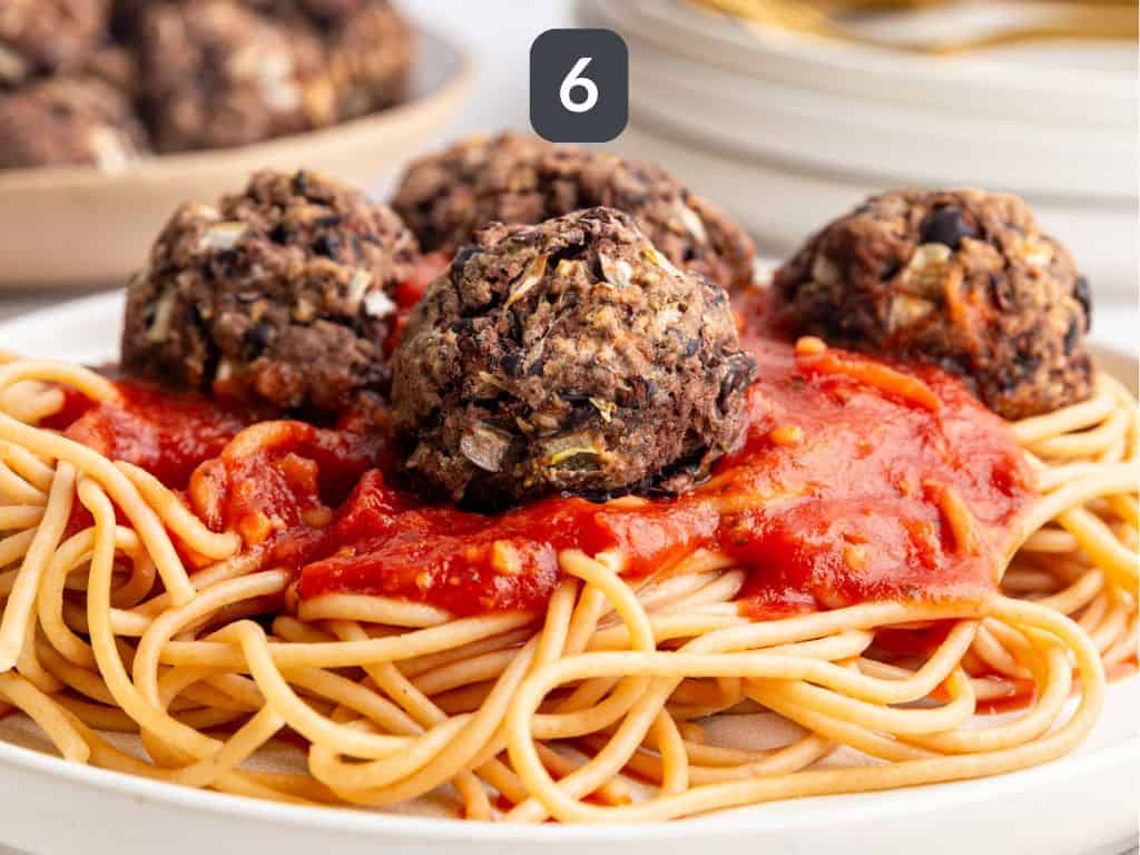 No Boil Seitan Meatballs Step 6 - serve with your favorite pasta sauce.