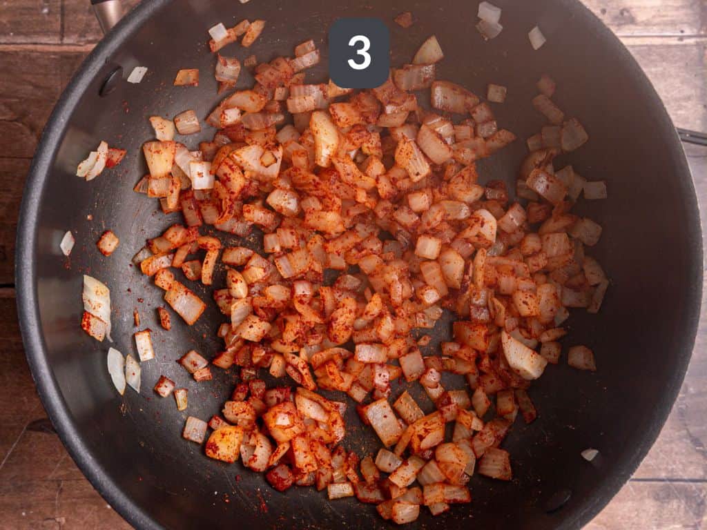 Vegan chorizo pasta step 3 - add the spices.