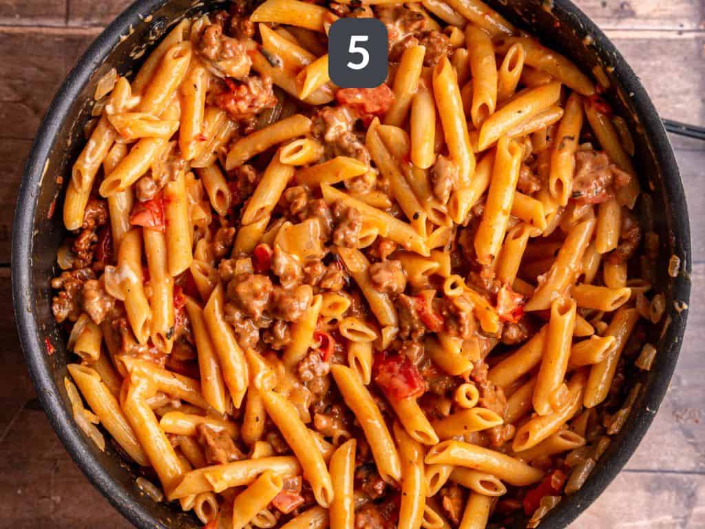 Vegan chorizo pasta step 5 - stir in the chorizo and cream cheese.