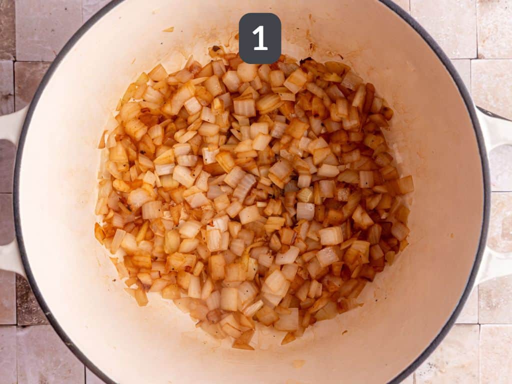 Vegan potato stew step 1 - sauté the onion.