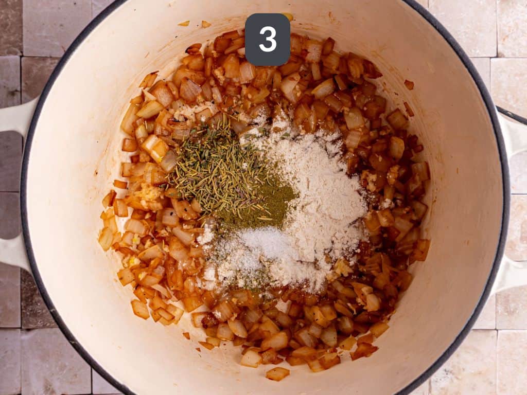 Vegan potato stew step 3 - stir in the spices and flour.