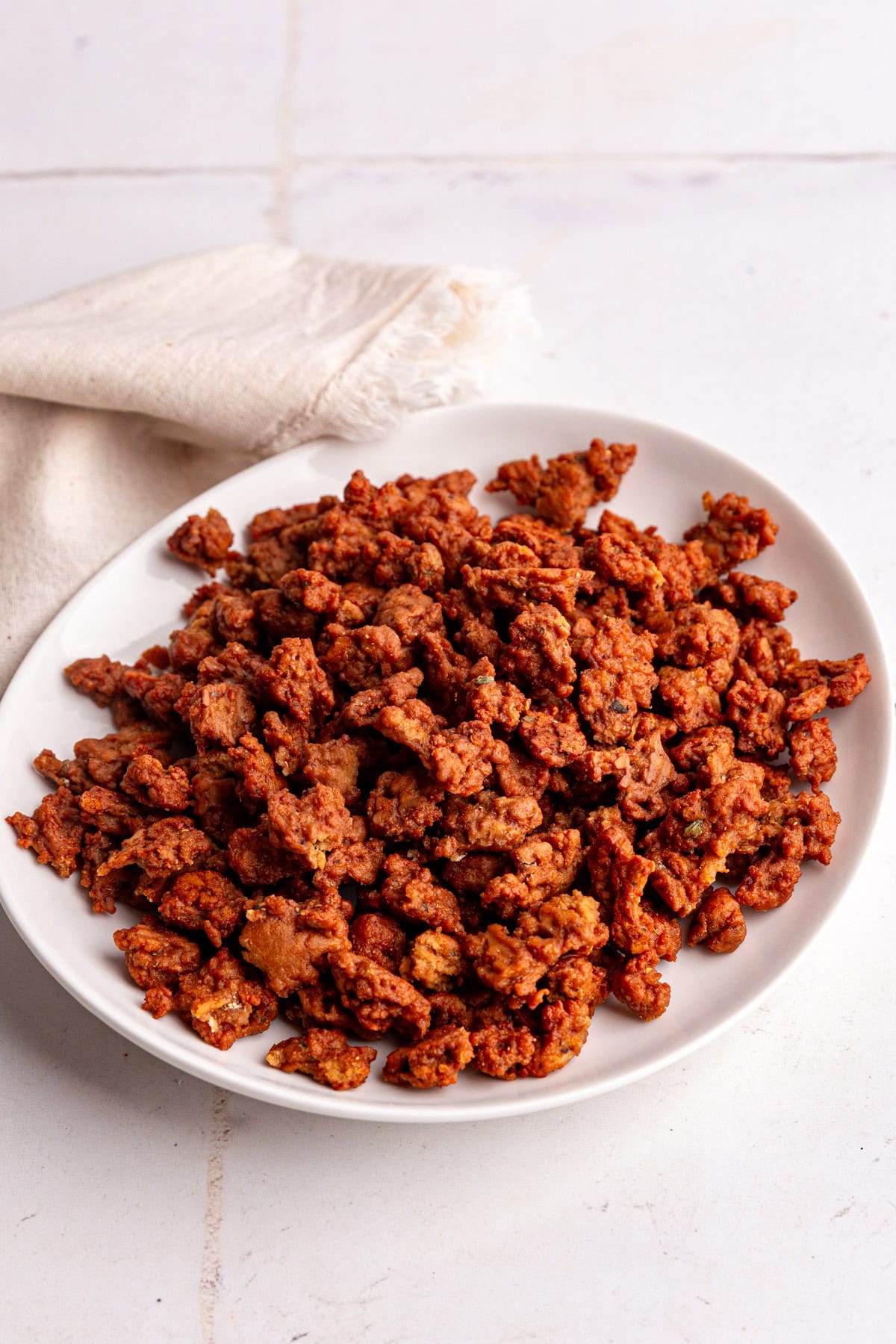 A plate of vegan seitan chorizo.