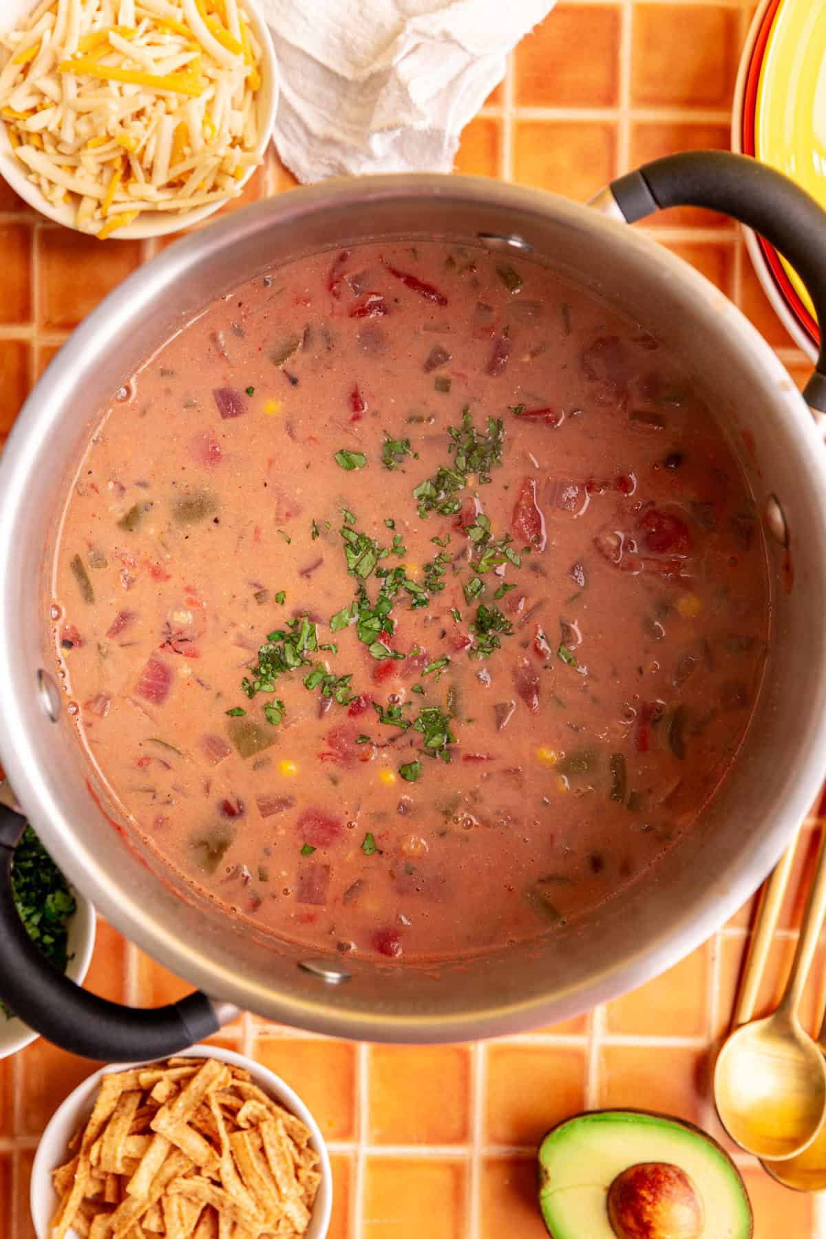 A pot of freshly cooked vegan southwest soup.