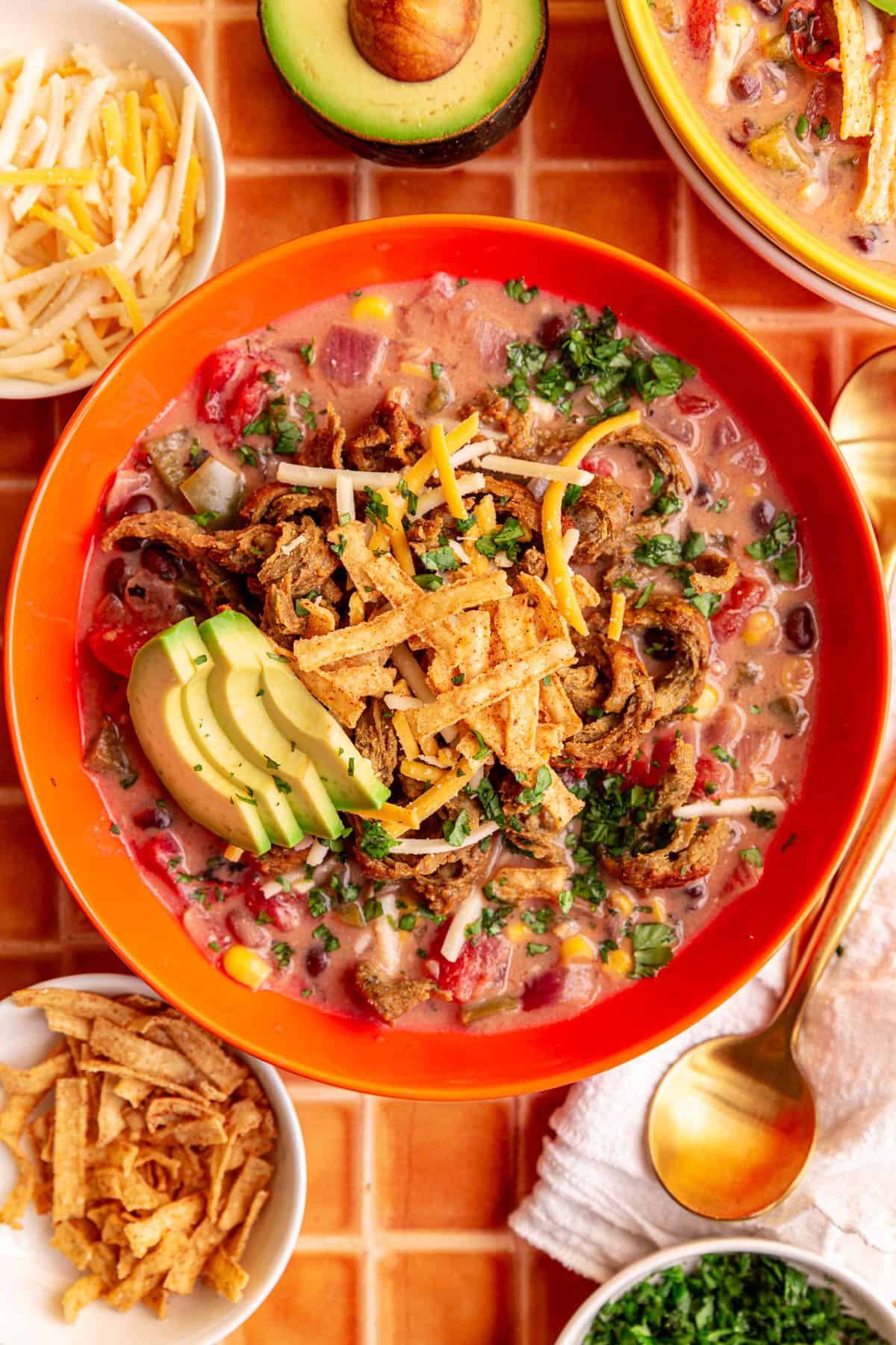 A bowl of Vegan Southwest Soup, topped with avocado, cheese, tortilla strips, and cilantro.