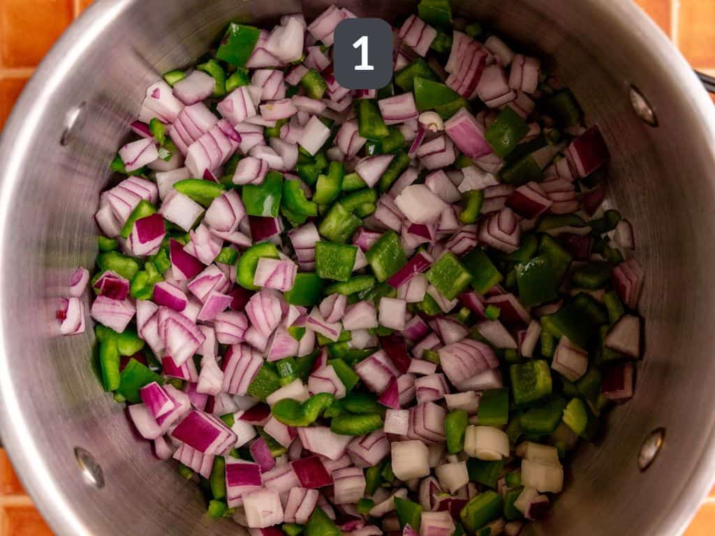 Vegan Southwest Soup Step 1 - sauté the onion and pepper.
