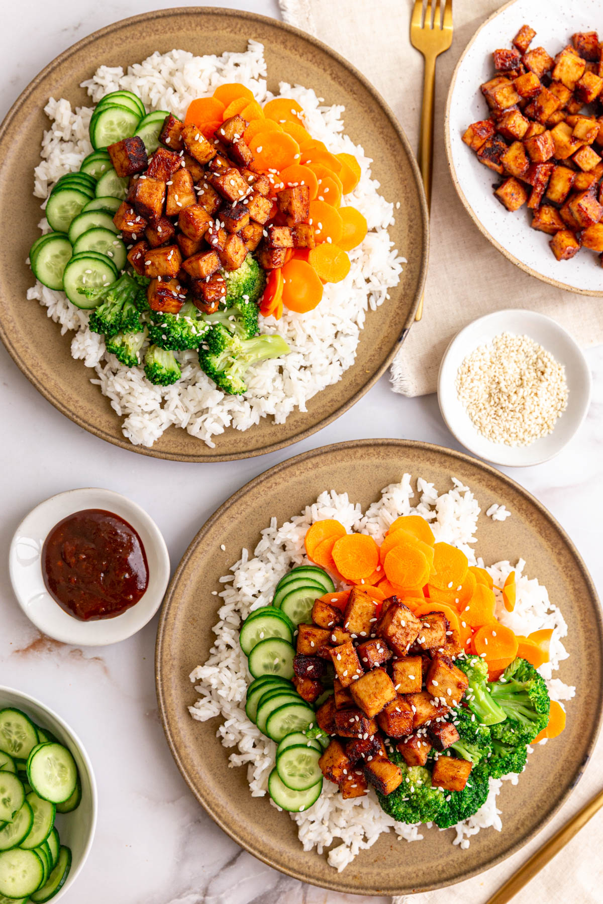 Two plates of hoisin tofu on a bed of rice, with carrots, cucumbers, and broccoli.