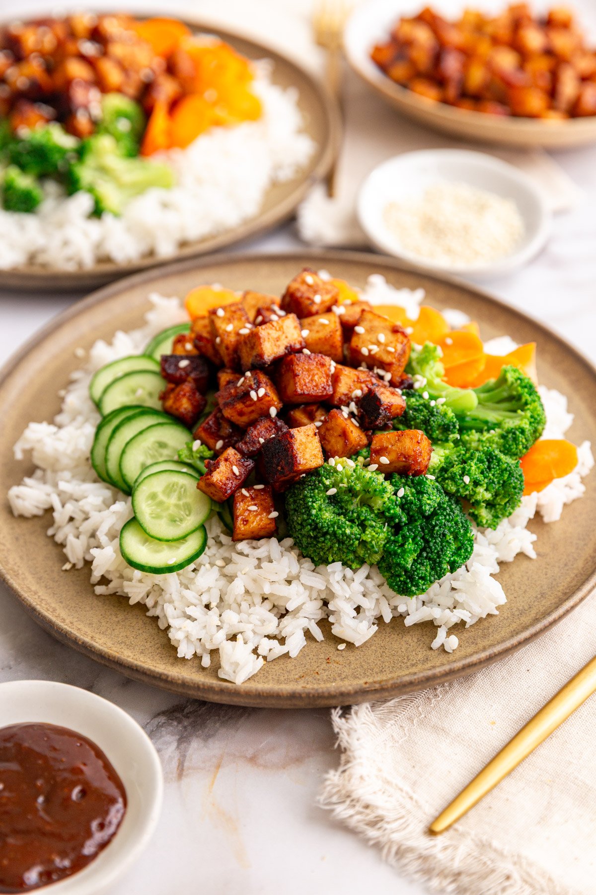 A plate of hoisin tofu on a bed of rice, with carrots, cucumbers, and broccoli.