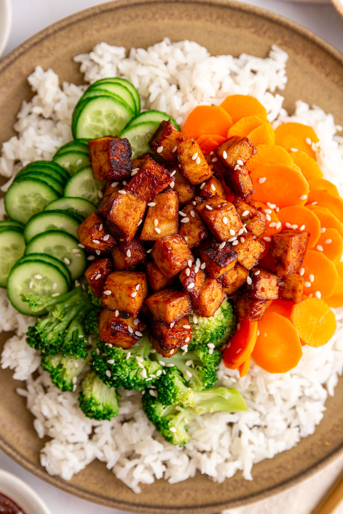 A plate of hoisin tofu on a bed of rice, with carrots, cucumbers, and broccoli.