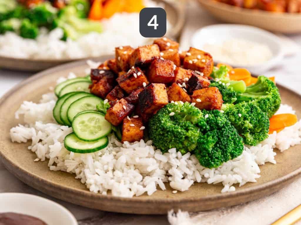 Hoisin tofu step 4 - serve with rice and veggies.