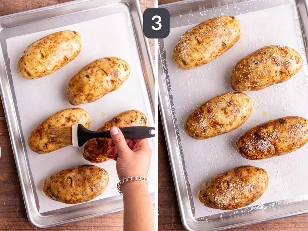 Vegan loaded baked potatoes step 3 - coat in oil and salt if desired.