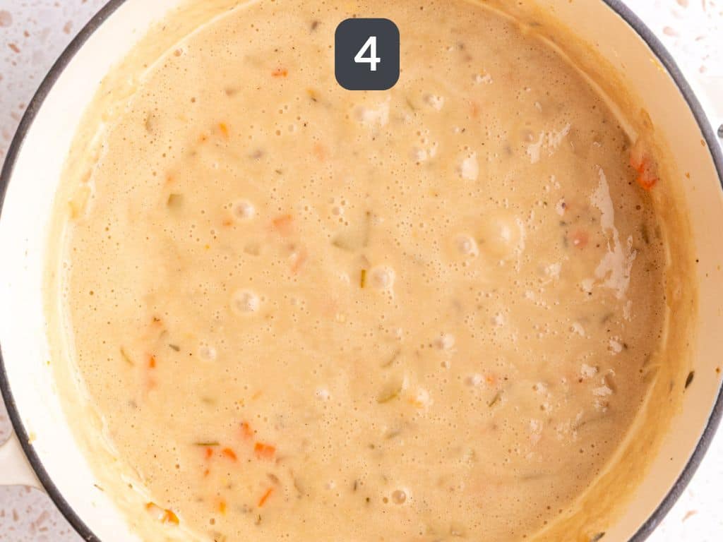 Vegan Pot Pie Soup Step 4 - add the broth and yogurt