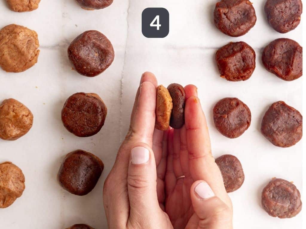 Vegan Reeses Caramel Big Cup Step 4 - press the caramel and peanut butter discs together.