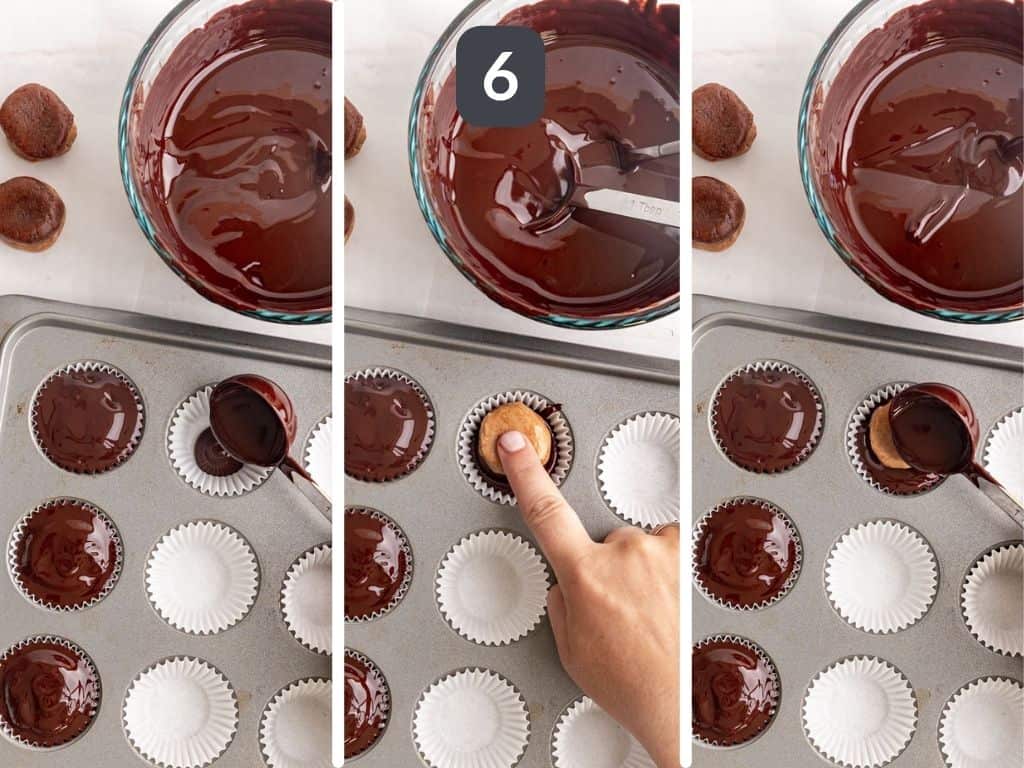 Vegan Reeses Caramel Big Cup Step 6 - pour chocolate into the muffin cup, add a disc, and cover in more chocolate.