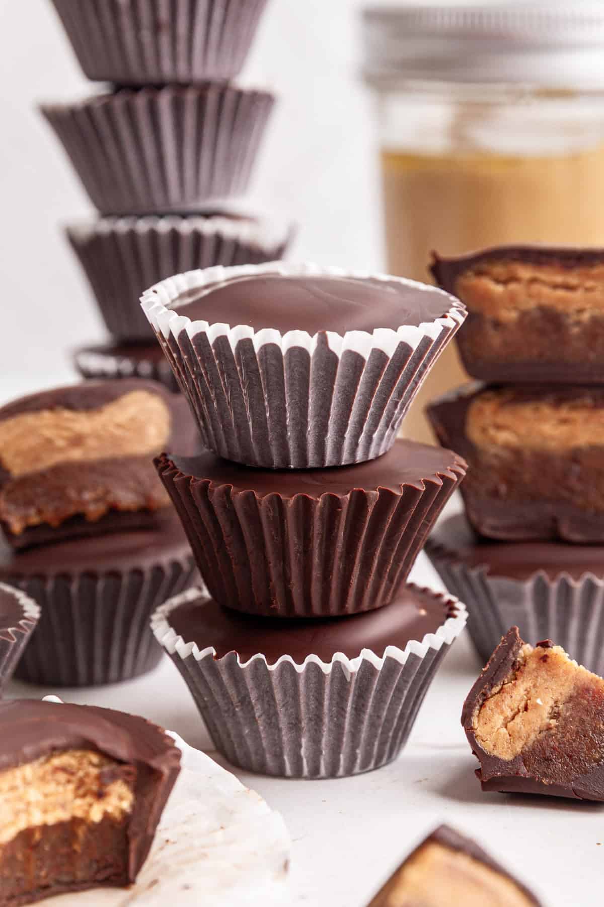 A stack of Vegan Reeses Caramel Big Cups.