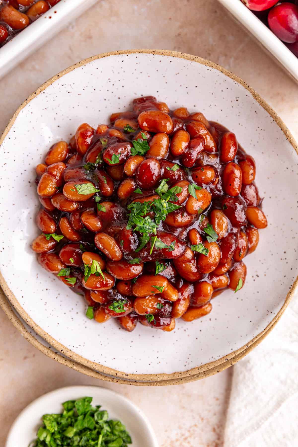 A bowl of cranberry bbq baked beans, ready to eat.