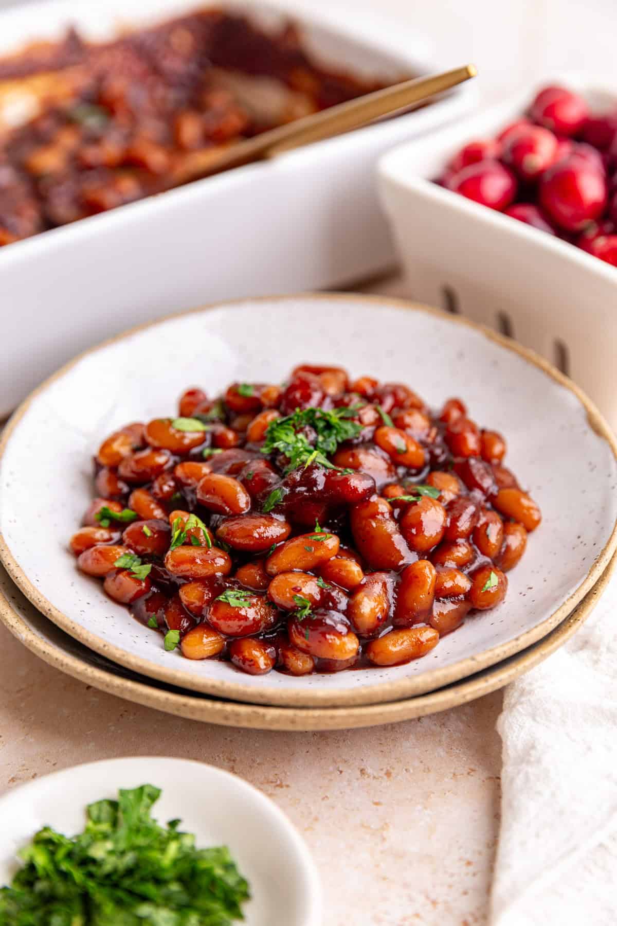 A bowl of cranberry bbq baked beans, ready to eat.