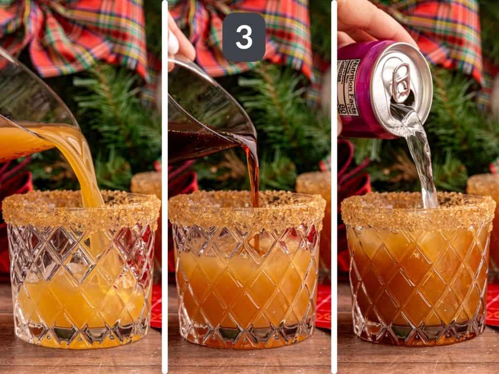 Gingerbread mocktail step 3 - add the apple cider, syrup, and top with ginger beer.