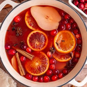 A pot of freshly simmered non alcoholic mulled wine.
