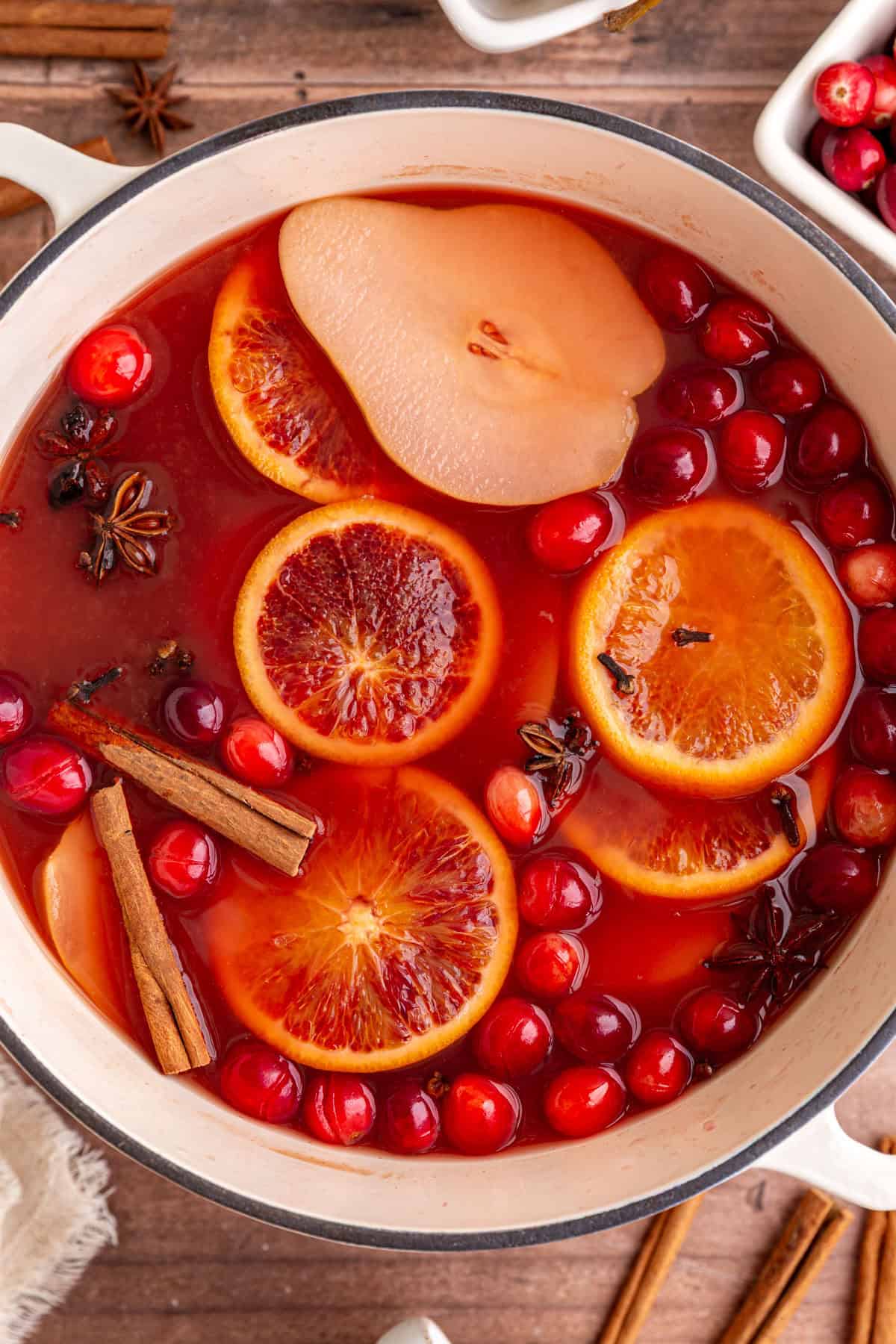 A pot of freshly simmered non alcoholic mulled wine.