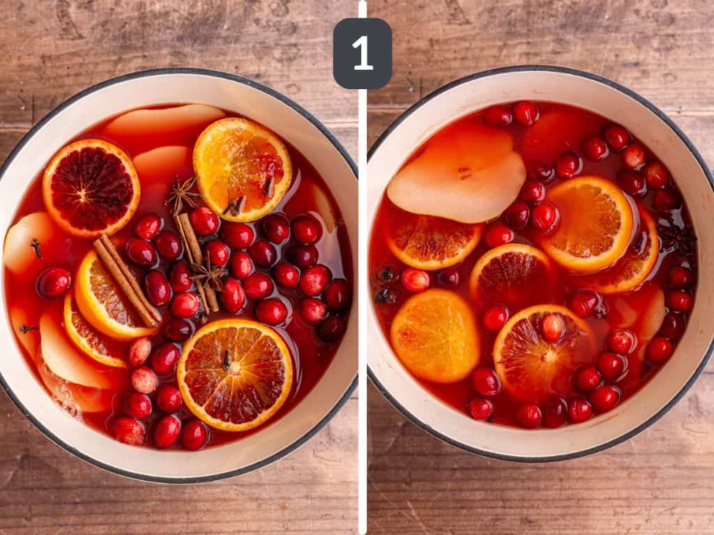 Non alcoholic mulled wine step 1 - combine all the ingredients and heat.
