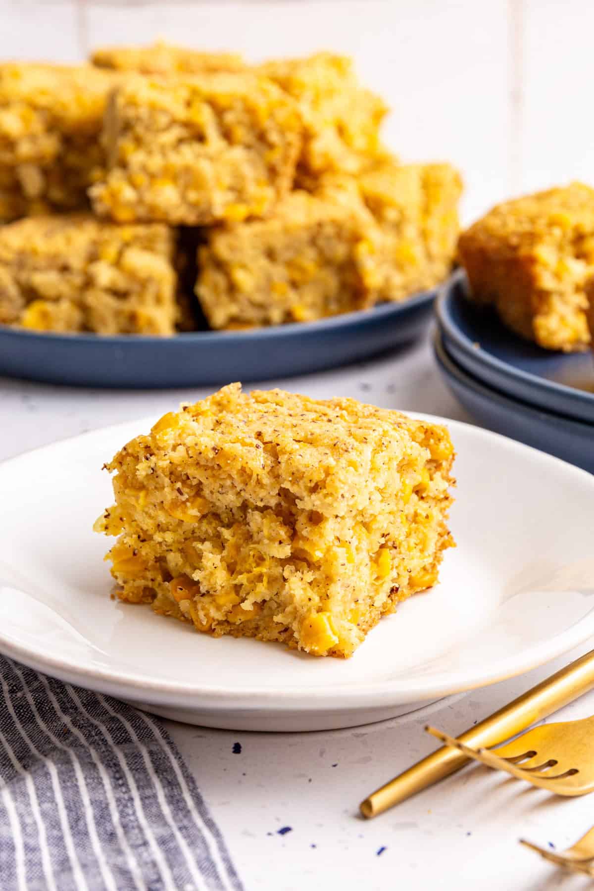 A plate with a serving of vegan cornbread casserole.